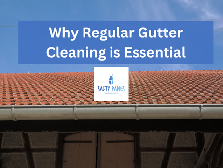 Front view of house gutter system under tiled roof with a caption Why Regular Gutter Cleaning is Essential