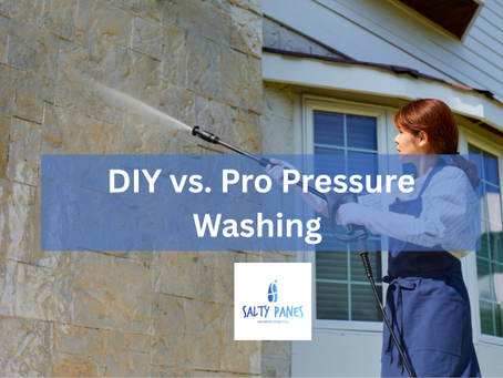 Person Professional pressure washing stone siding with a caption DIY vs. Pro Pressure Washing