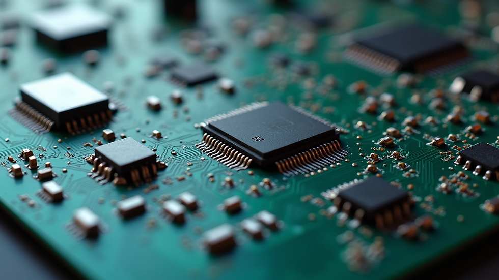 Eye-level view of a multilayer printed circuit board with electronic components