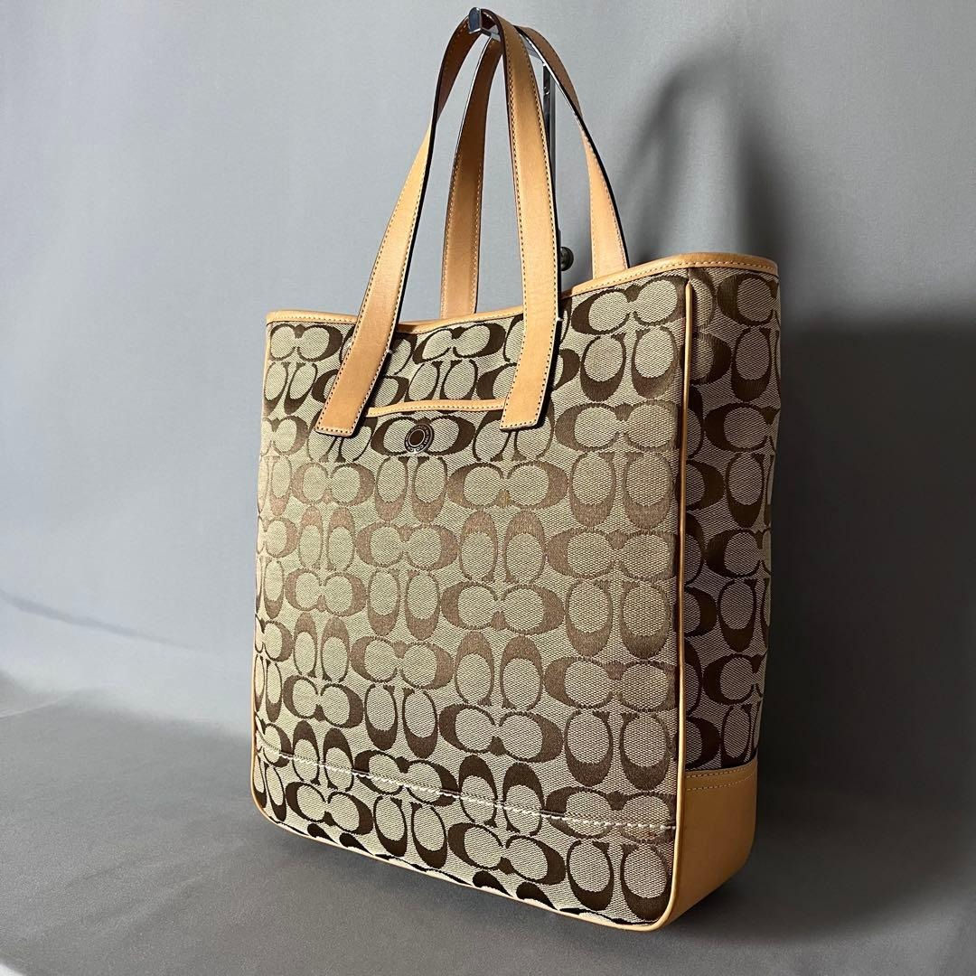 Coach Signature Jacquard Tall Tote – Tan Leather Trim