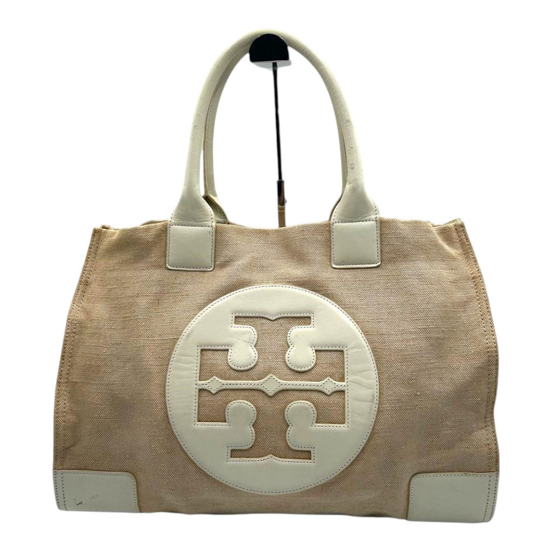Tory Burch Ella Canvas Tote – Beige & Ivory Leather Oversized Logo