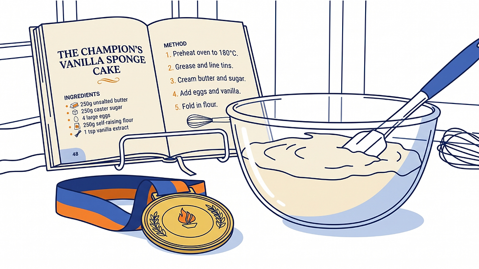 A gold medal in front of a cake recipe and mixing bowl