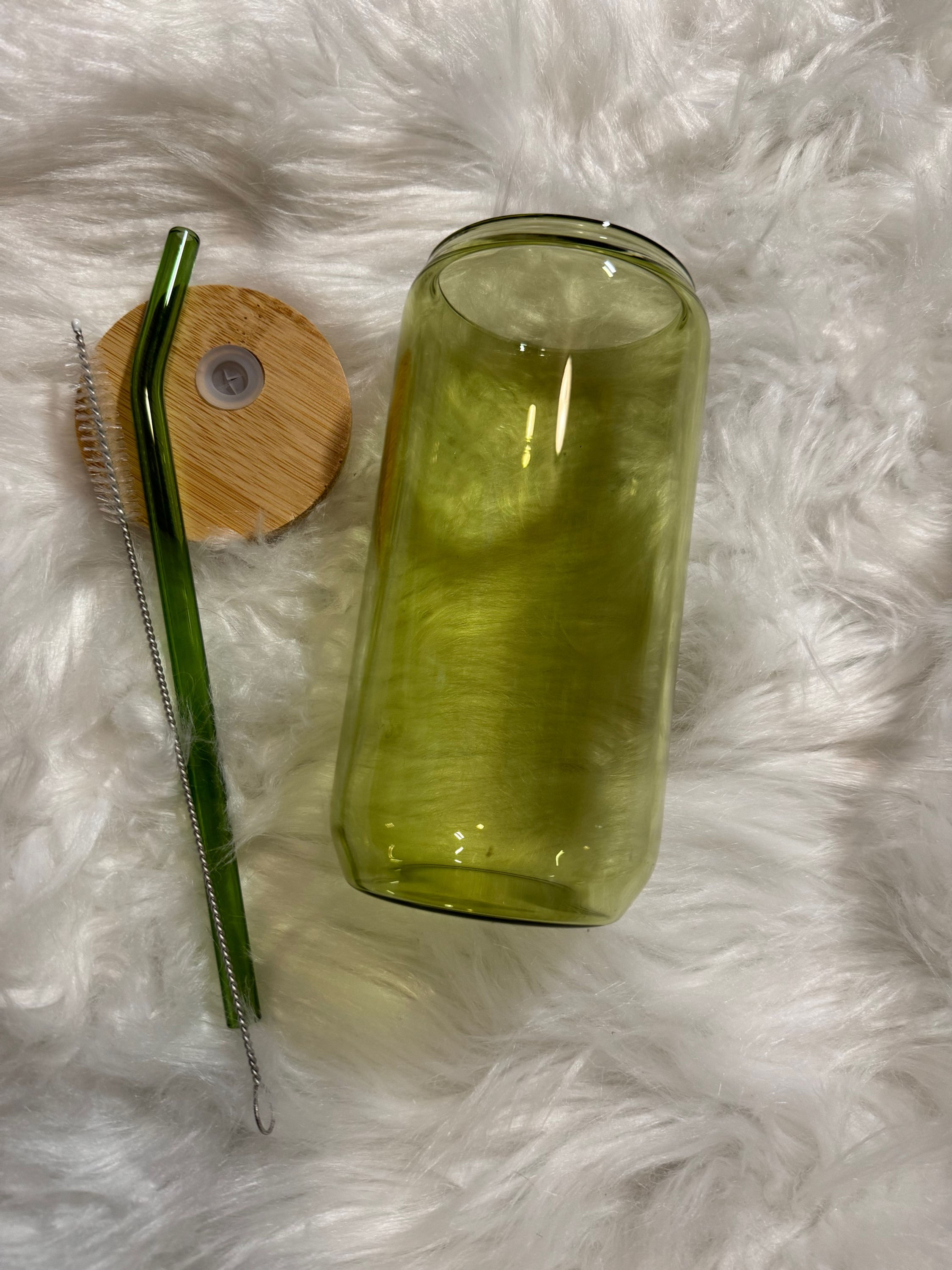 16oz GREEN bamboo lid glass can 