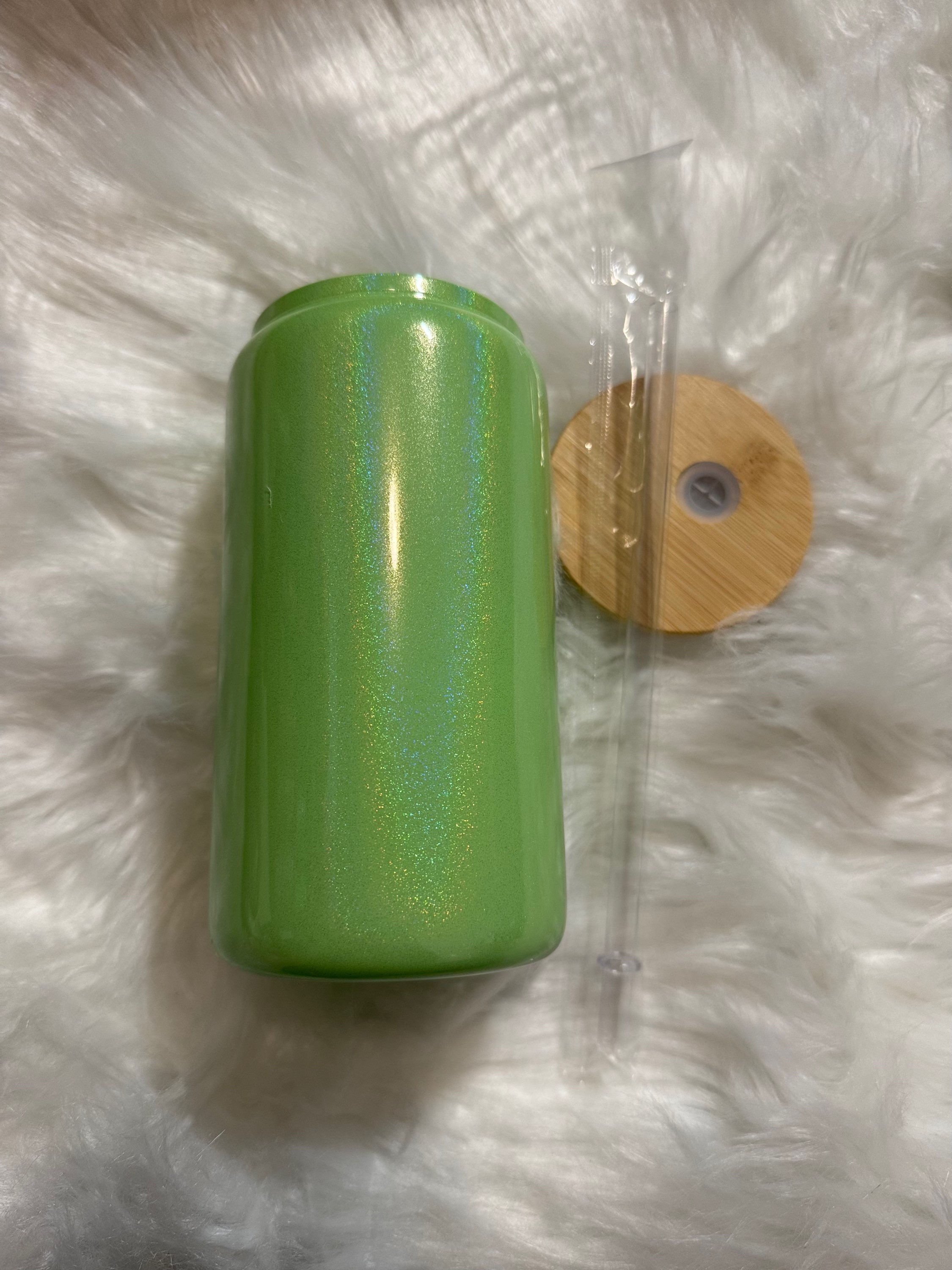 16oz LIME  GREEN  shimmer bamboo lid glass can 