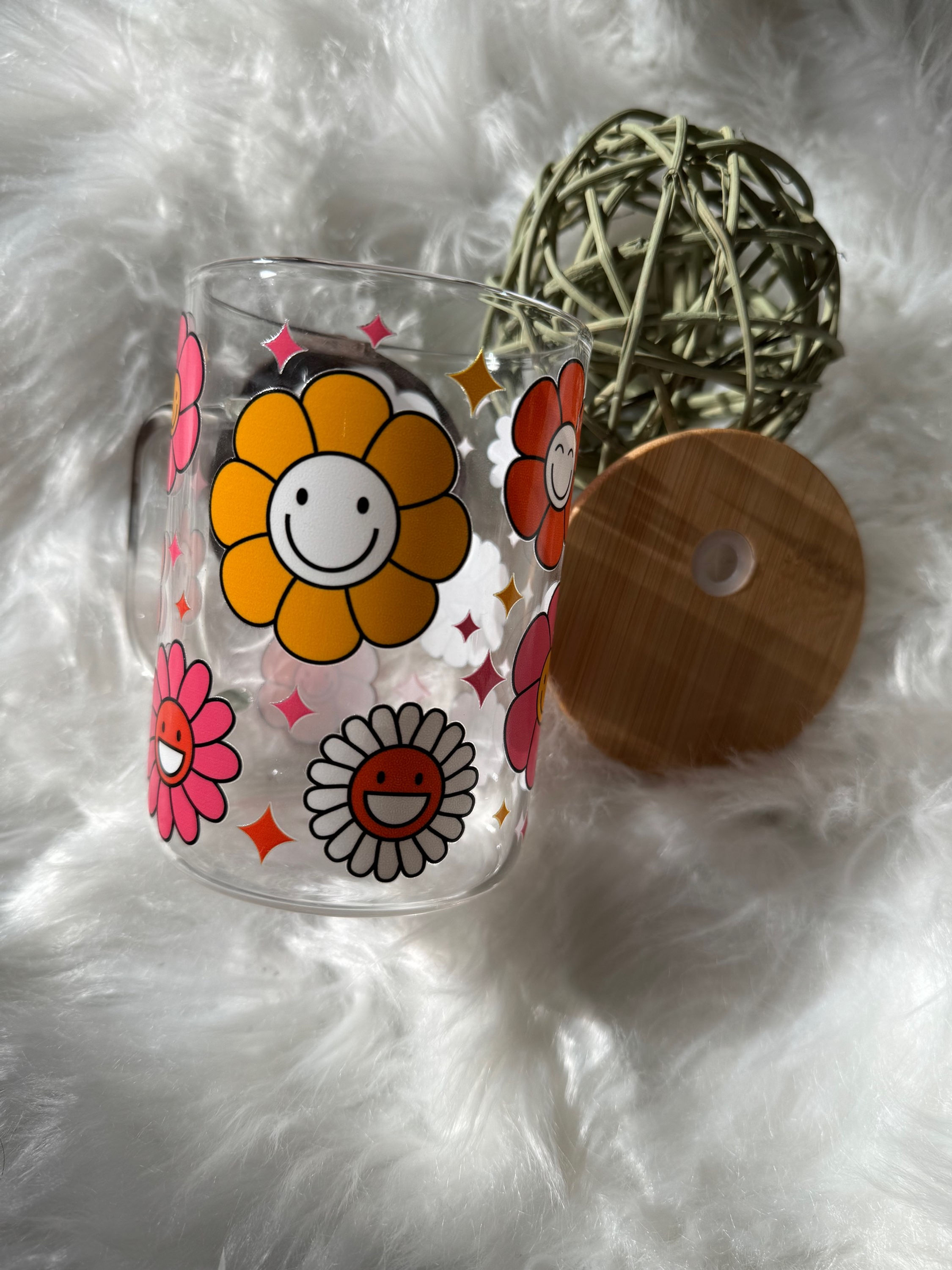 17oz Clear Glass Coffee Mug - UVDTF retro flowers