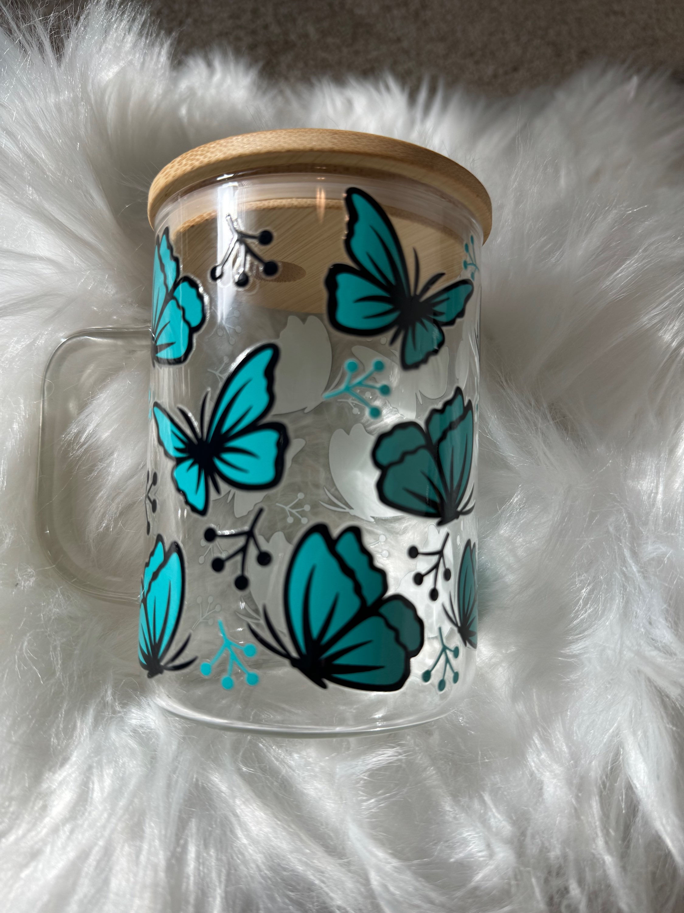 17oz Clear Glass Coffee Mug -UVDTF teal butterflies