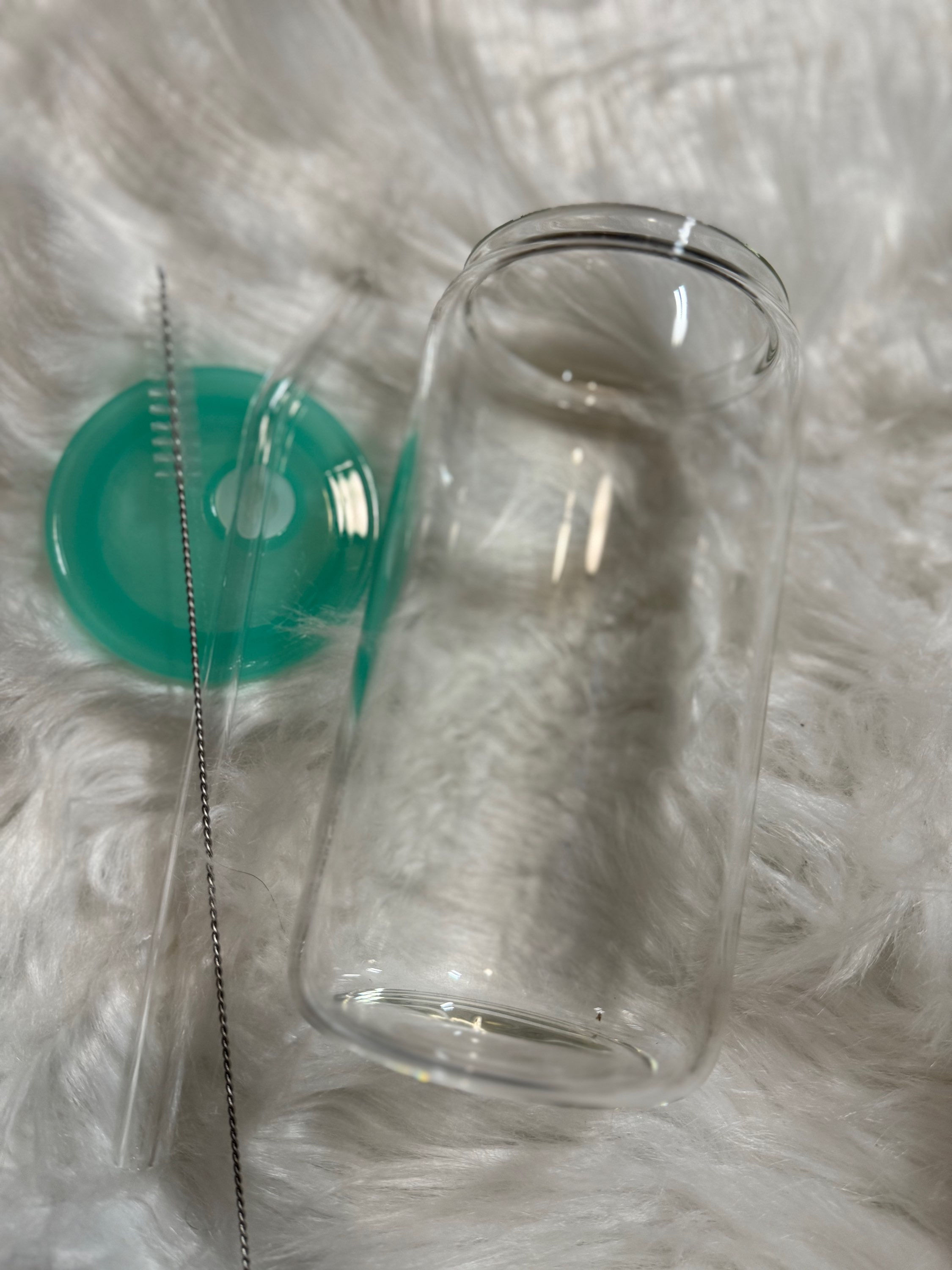 16oz CLEAR with TEAL  plastic lid glass can 