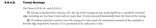 Screenshot of BC Building Code article 9.8.4.8 ‘Tread Nosings,’ showing the dimensional and projection requirements for stair nosings