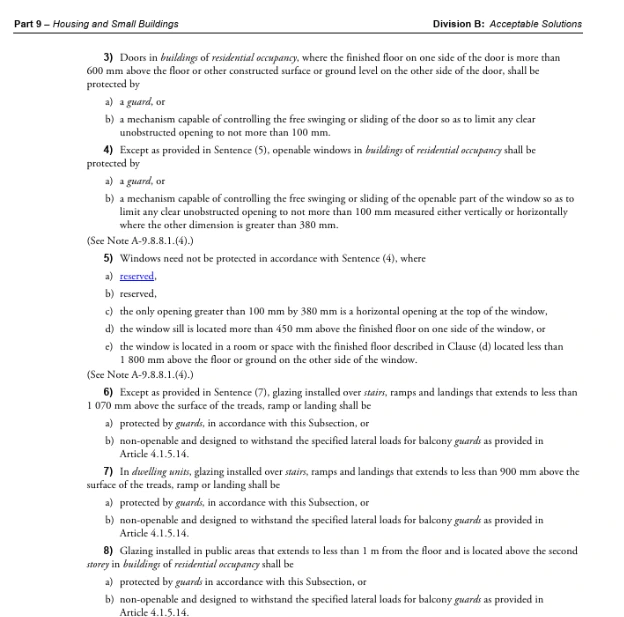 Screenshot of BC Building Code section 9.8.8 Guardrails, summarizing minimum guard height and opening size requirements for residential stairs, landings, and balconies.