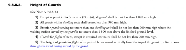 Table summarizing BC Building Code 9.8.4.2 requirements for maximum riser height and minimum tread run for stairs, grouped by stair type. Height of guards.