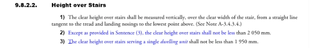Screenshot of BC Building Code 9.8.2.2 ‘Height over Stairs,’ showing minimum clear-height requirements above residential stair treads