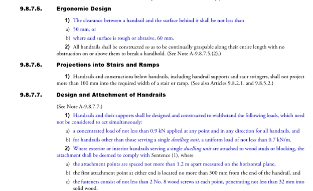 Screenshot of BC Building Code Article 9.8.7.8 handrail requirements, showing additional rules for stair handrail continuity and installation in dwelling units
