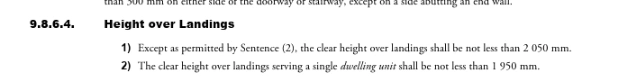 Screenshot of BC Building Code 9.8.6.4 ‘Height over Landings,’ showing minimum clear-height requirements above stair landings in a dwelling.