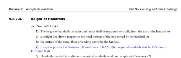 Screenshot of BC Building Code section 9.8.7 ‘Handrails,’ outlining minimum height, continuity, and graspability requirements for stair handrails.