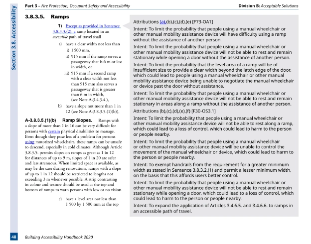 Screenshot of accessibility considerations from BC Housing design guidelines and BC Building Code Section 3.8, summarizing key requirements for accessible routes, stairs and handrails.