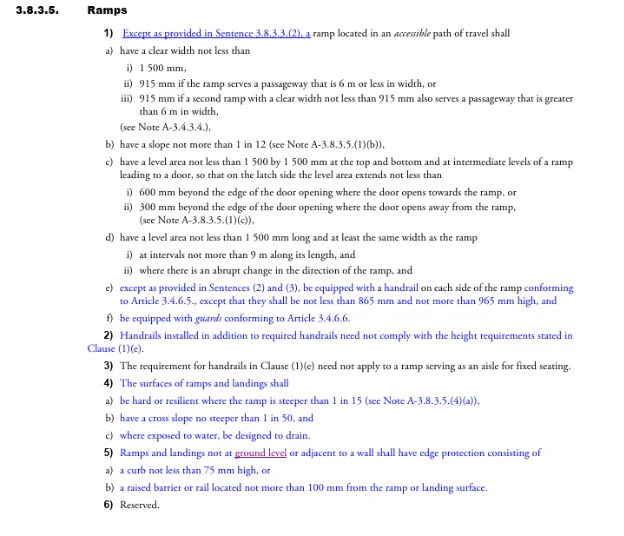 Screenshot of accessibility considerations from BC Housing design guidelines and BC Building Code Section 3.8, summarizing key requirements for accessible routes, stairs and handrails.