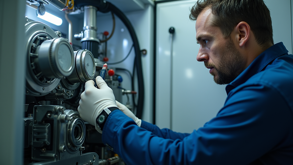 close-up view of a technician checking Liebherr refrigerator compressor