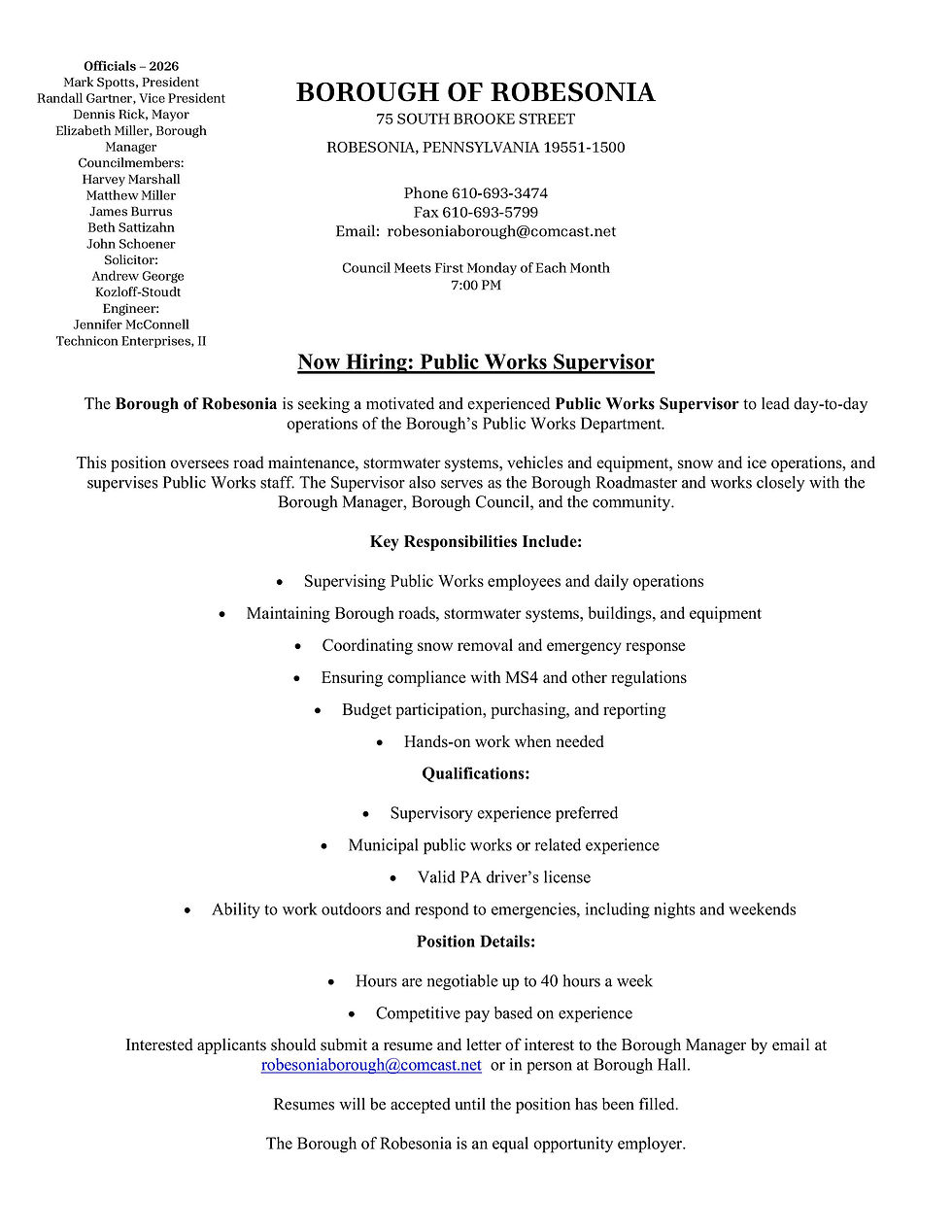 The Borough is now hiring for a Public Works Supervisor and Part-Time Streets Dept. Position