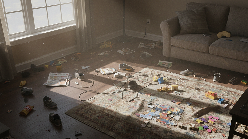 High angle view of freshly vacuumed living room floor with sunlight streaming in