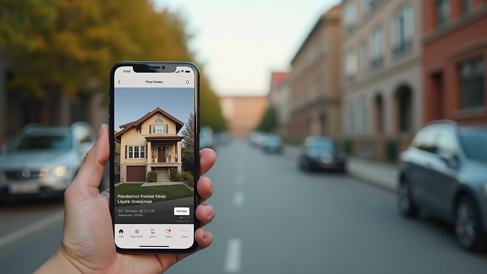 Eye-level view of smartphone displaying a real estate property listing app