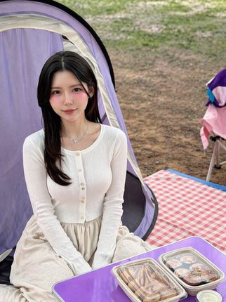 korean girl picnic white outfit natural breast shape visible soft curves outdoor camping aesthetic asian model blog hero image asianboji