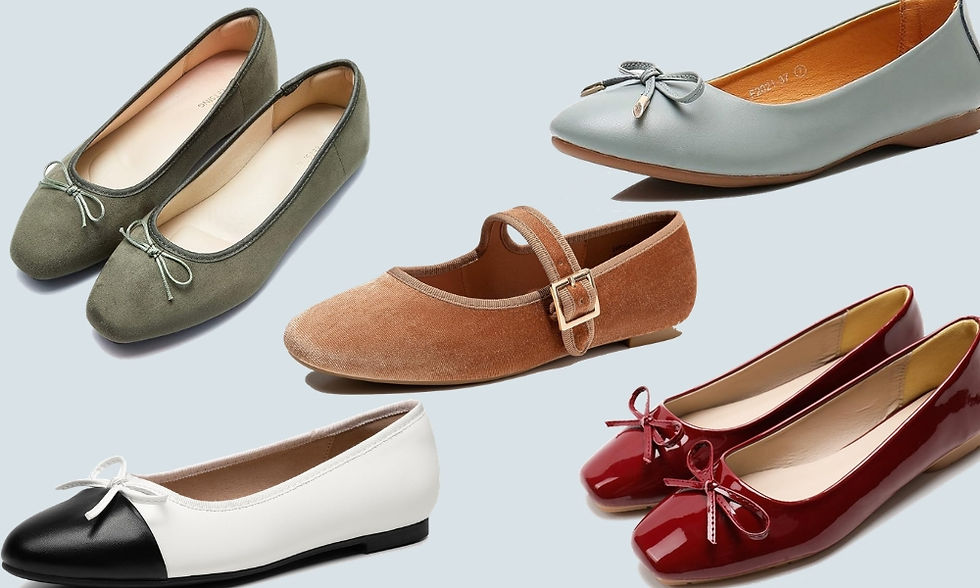 Five pairs of trendy ballet flats. Green suede ballet flats, pastel blue, leather ballet flats, Caramel brown velvet ballet flats, white leather with black tip ballet flats, burgundy red patent shiny ballet flats. square toe ballet flats.