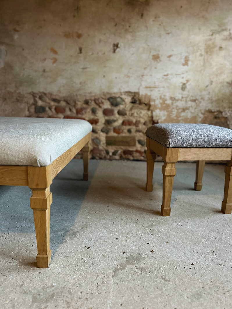 House of Nico interiors ottoman, Forum and Alba with de le Cuona upholstered fabric