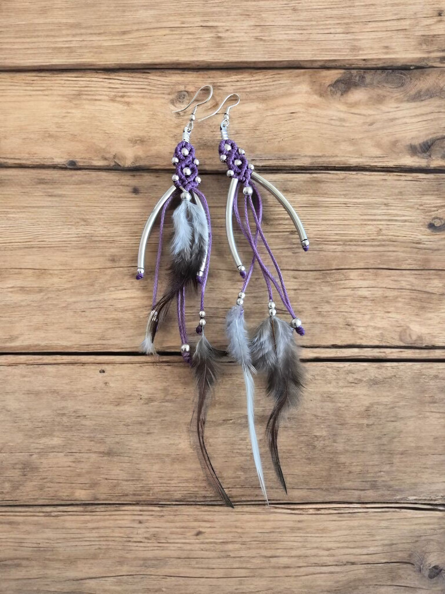 Purple and silver embroidered and feather earrings