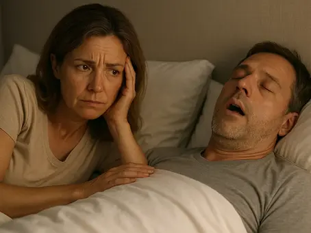 Photo of a worried woman unable to sleep beside a snoring man, illustrating sleep apnea