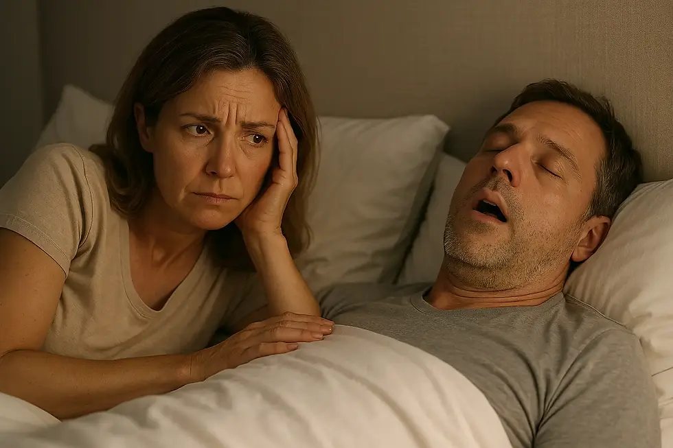 Photo of a worried woman unable to sleep beside a snoring man, illustrating sleep apnea