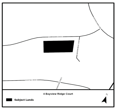 Map showing "Subject Lands" in black rectangle at 4 Bayview Ridge Court, bordered by Sunanowaka Drive and Dovetail Drive. Arrow points north.