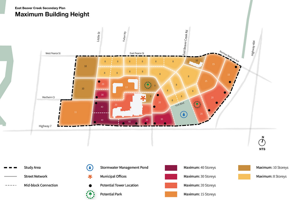 Map of East Beaver Creek Secondary Plan showing maximum building heights, study area, streets, and icons for park, pond, and offices.
