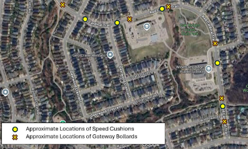 Map showing approximate locations of traffic calming measures in a residential area. Yellow circles and Xs mark speed cushions and bollards.