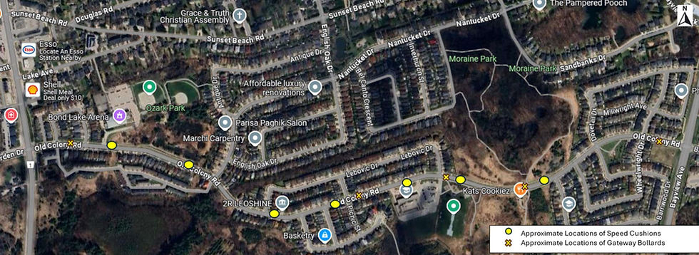 Map showing approximate locations for traffic calming measures, including speed cushions and bollards, in a neighbourhood.