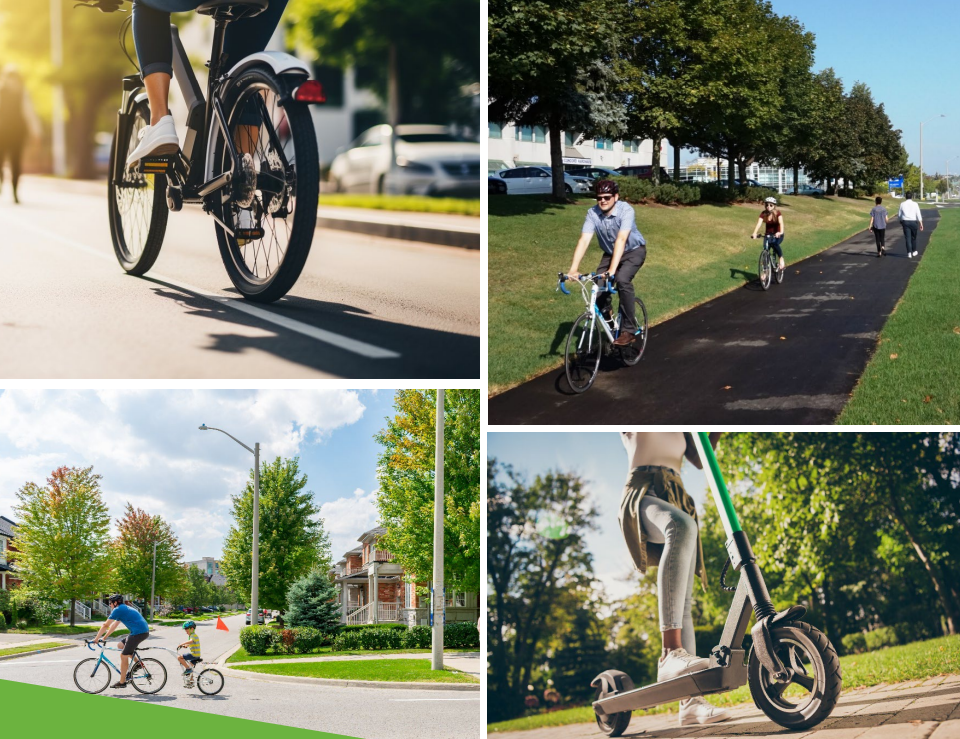 Cyclists and scooter rider on sunny paths and streets, surrounded by green trees and blue skies. Casual and active mood in urban setting.