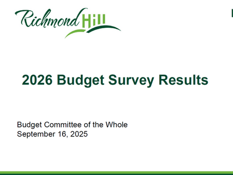 Richmond Hill logo; text "2026 Budget Survey Results". Photos left; diverse scenes. Date: September 16, 2025. White and green theme.