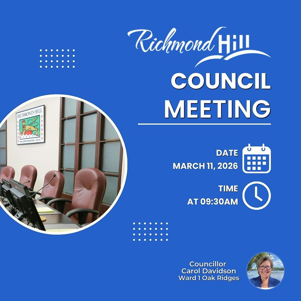 Blue flyer for Richmond Hill council meeting on March 11, 2026, at 9:30 AM. Features council chamber and profile photo of a councillor.