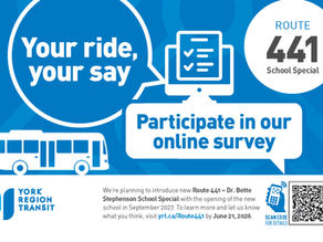 York Region Transit poster for Route 441 School Special, promoting an online survey with QR code and bus icon on blue background.