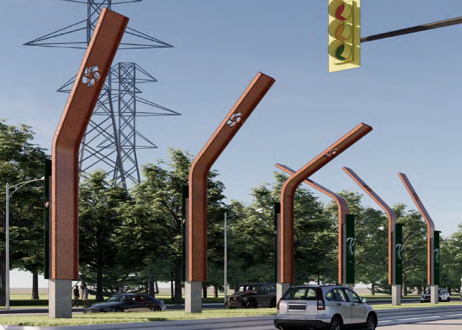 Tall, rust-colored arches line a road with cars, trees, and a pylon. A traffic light hangs overhead. Sunny day.