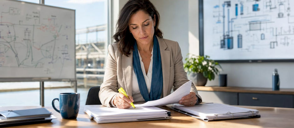 Compliance manager reviewing water hygiene documents