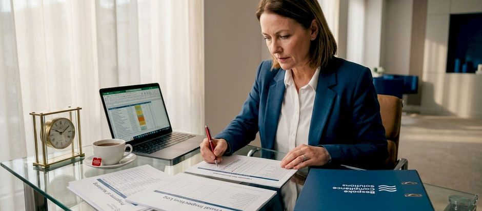Compliance officer reviewing legionella documents at desk