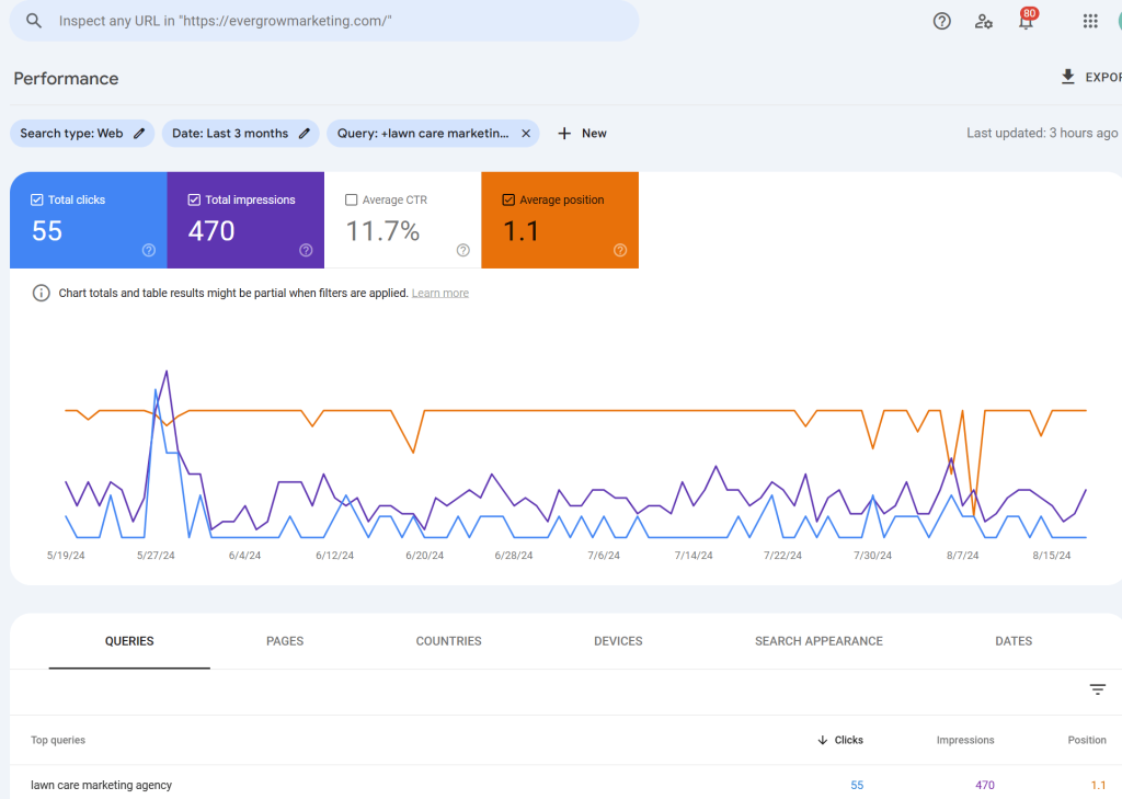 Our Agency's Google Search Console Results Validating Ranking Position for Niche Search Queries