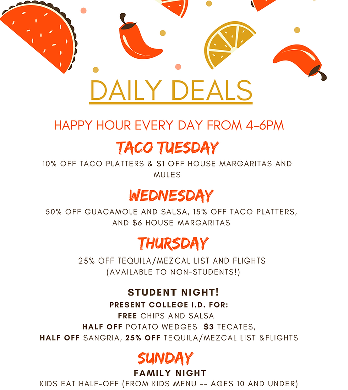 Bickering Twins' Daily Deals menu page listing Taco Tuesday, Wednesday night deals, Student Night, and Family Night. 