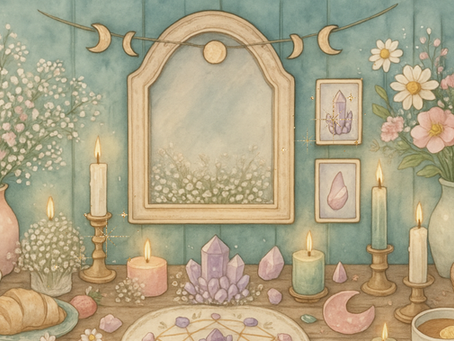 A water colour drawing of a spring equinox altar with flowers crystals cate and fresh fruit.