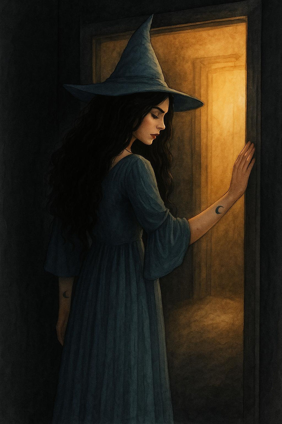 A woman in a blue dress and witch hat stands by a glowing doorway, touching the frame. Her expression is contemplative; a moon tattoo on her arm.