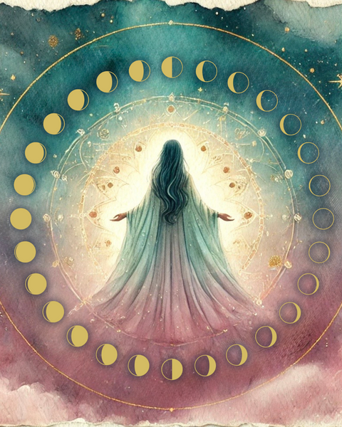 A drawing of a woman surrounded by Lunar phases 