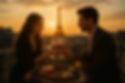 Couple toasts with wine on a balcony at sunset, Eiffel Tower in background. Cheese platter on table. Romantic and warm ambiance.