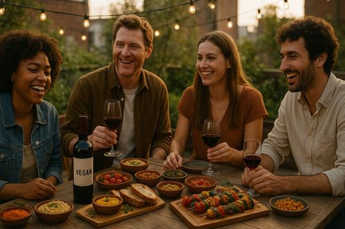 Four people smiling, enjoying a vegan meal with wine outdoors. Warm lighting, string lights, and a cozy, joyful atmosphere.