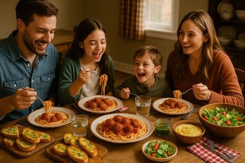 Family of four joyfully eating spaghetti and meatballs at a wooden table, surrounded by garlic bread and salad in a cozy dining room.