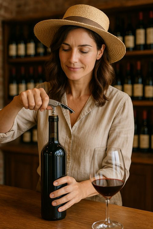 Woman in a straw hat opening a wine bottle with a corkscrew, smiling in a cozy wine cellar. Shelves of wine bottles in the background.